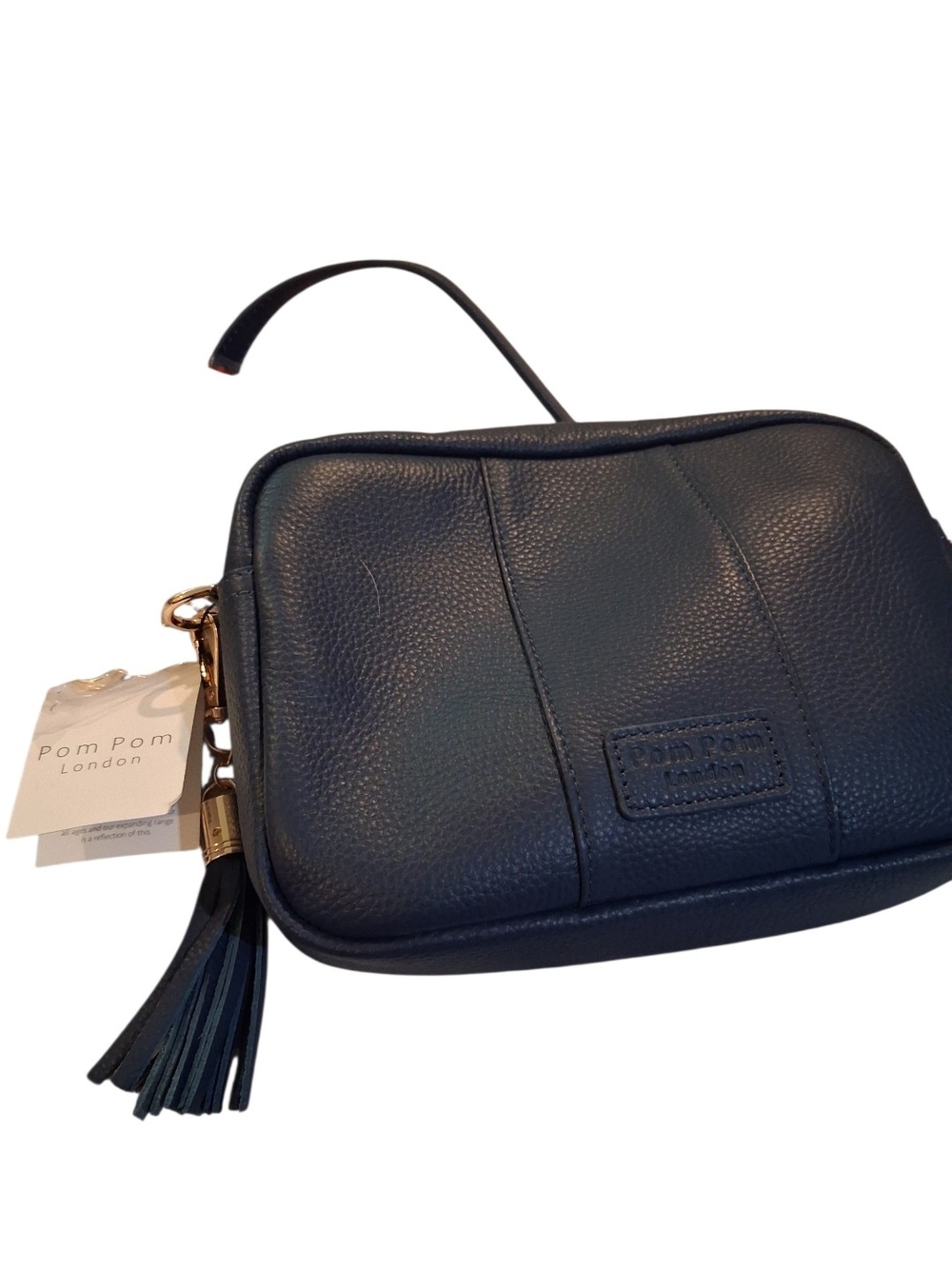 Pom Pom Navy Leather Crossbody Bag